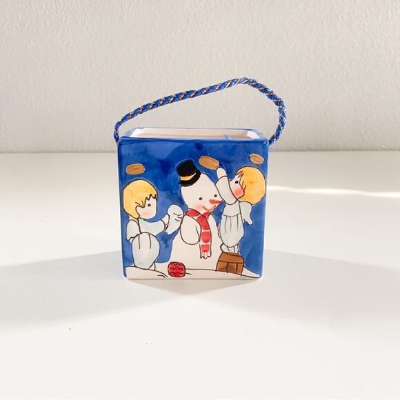 Christmas Ceramic Blue Gift Bag Planter Snowman Holidays Decoration Winter Time - Picture 1 of 6